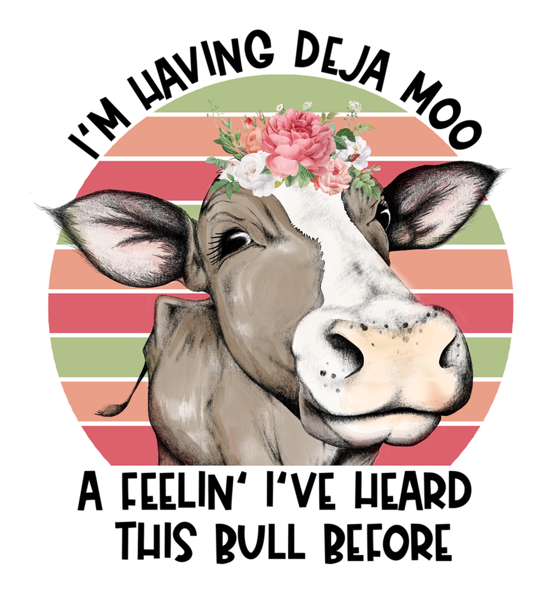 Funny Cow Sticker - Vinyl Sticker: I'm having a moo-vement! A cow wearing a flower crown in a bubble. A classic and cute sticker design perfect for cow lovers.