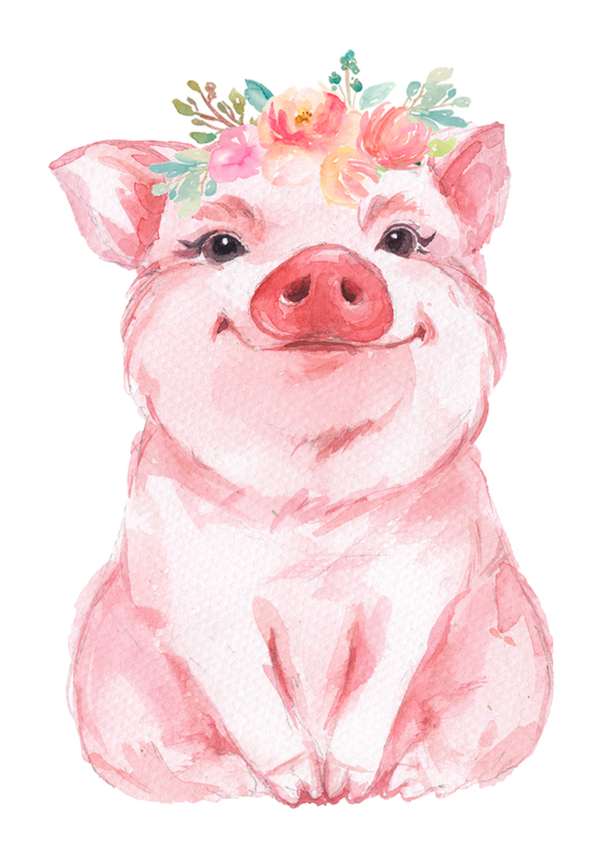 Pink Pig with Flowers Sticker: Adorable Pig Illustration, Female Pig Character, Floral Hairband Decoration, Quirky Cartoon Style, Etsy Vinyl Sticker