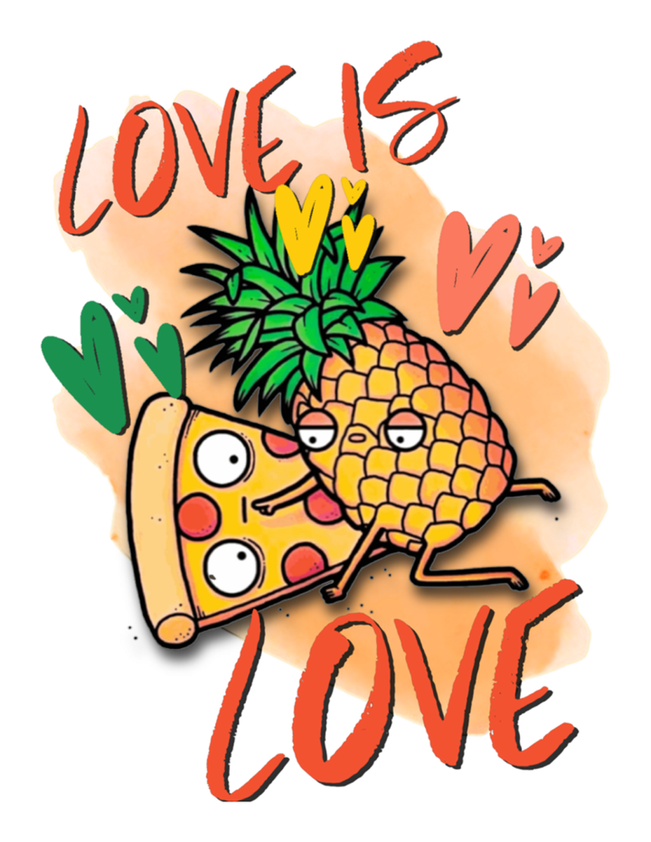 Love is Love Vinyl Sticker: Funny Graphic of Pineapple and Pizza with Humorous Saying