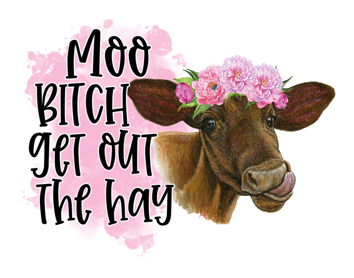 Cute Pink Flower Cow Mooing in French. Vinyl Sticker. Animal-themed Decor