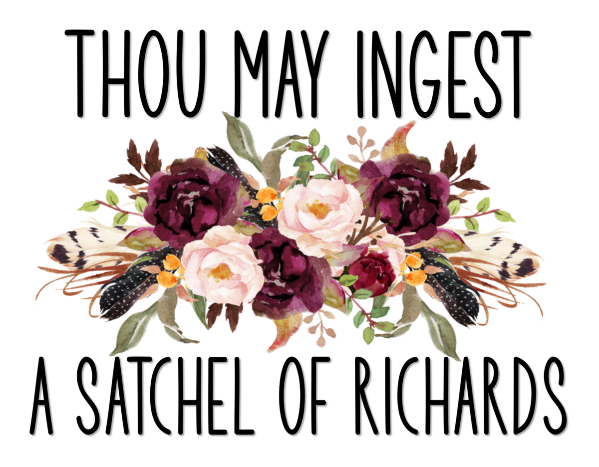 Floral Quilted Stitching Bible Verse Sticker: Thou mayest insert a sachet of Richard's" - A hand-stitched and embroidered sticker featuring flowers, scripture & a vintage look in a white background with black text.